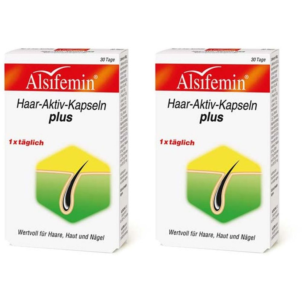 Zwei Schachteln mit Alsifemin Haar-Aktiv-Kapseln plus. Aufdruck: 1x täglich, 30 Tage, Wertvoll für Haare, Haut und Nägel. Logo mit Haarsträhne.