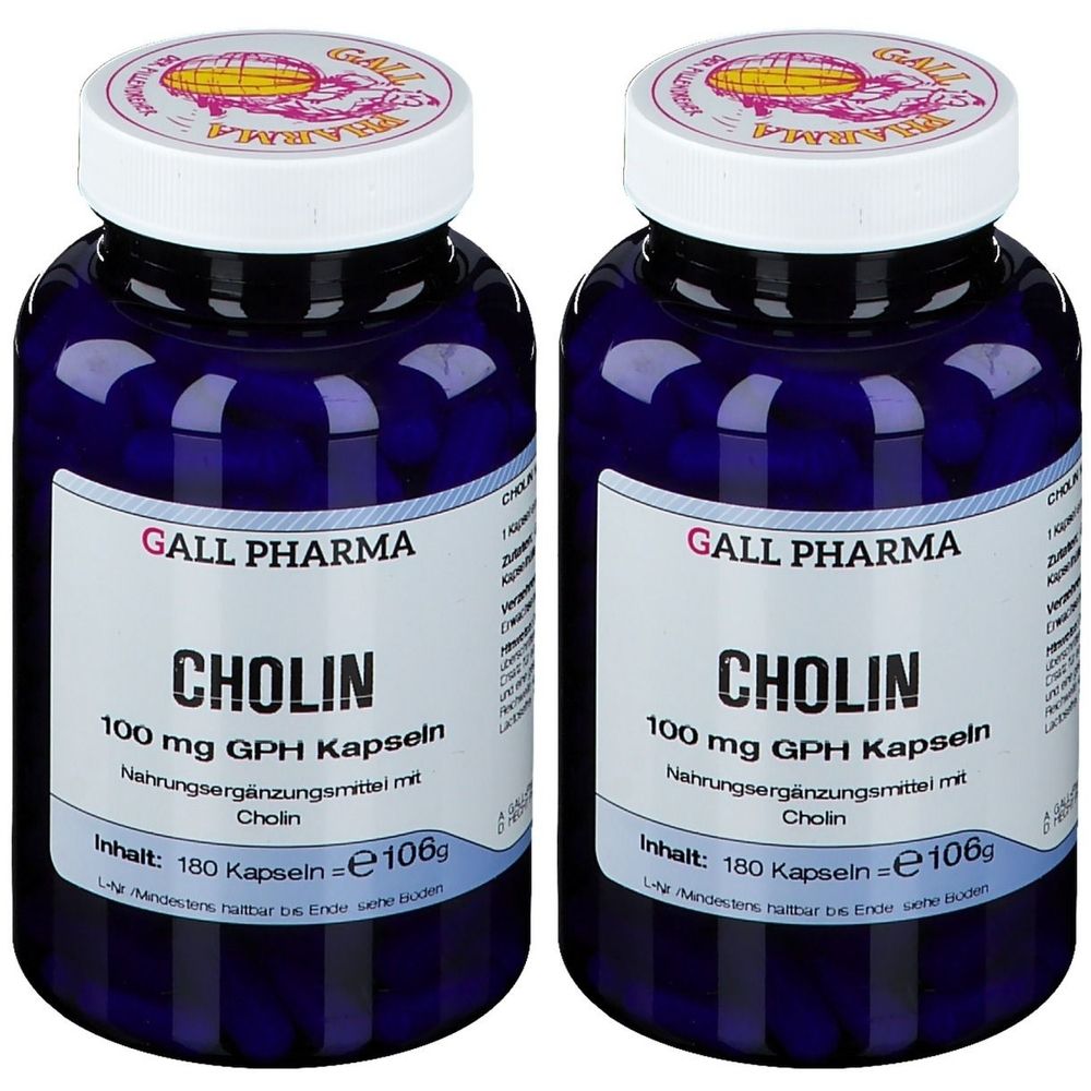 Zwei blaue Flaschen mit weißen Deckeln. Auf den Etiketten steht "GALL PHARMA CHOLIN 100 mg GPH Kapseln". Inhalt: 180 Kapseln.