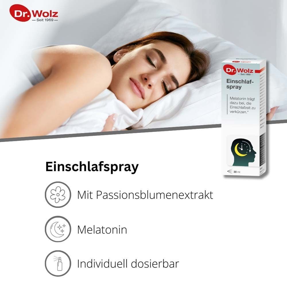 Einschlafspray Dr. Wolz, optimale Kombination mit Melatonin und Passionsblumenextrakt, ohne Konservierungsstoffe und Zucker, 30ml