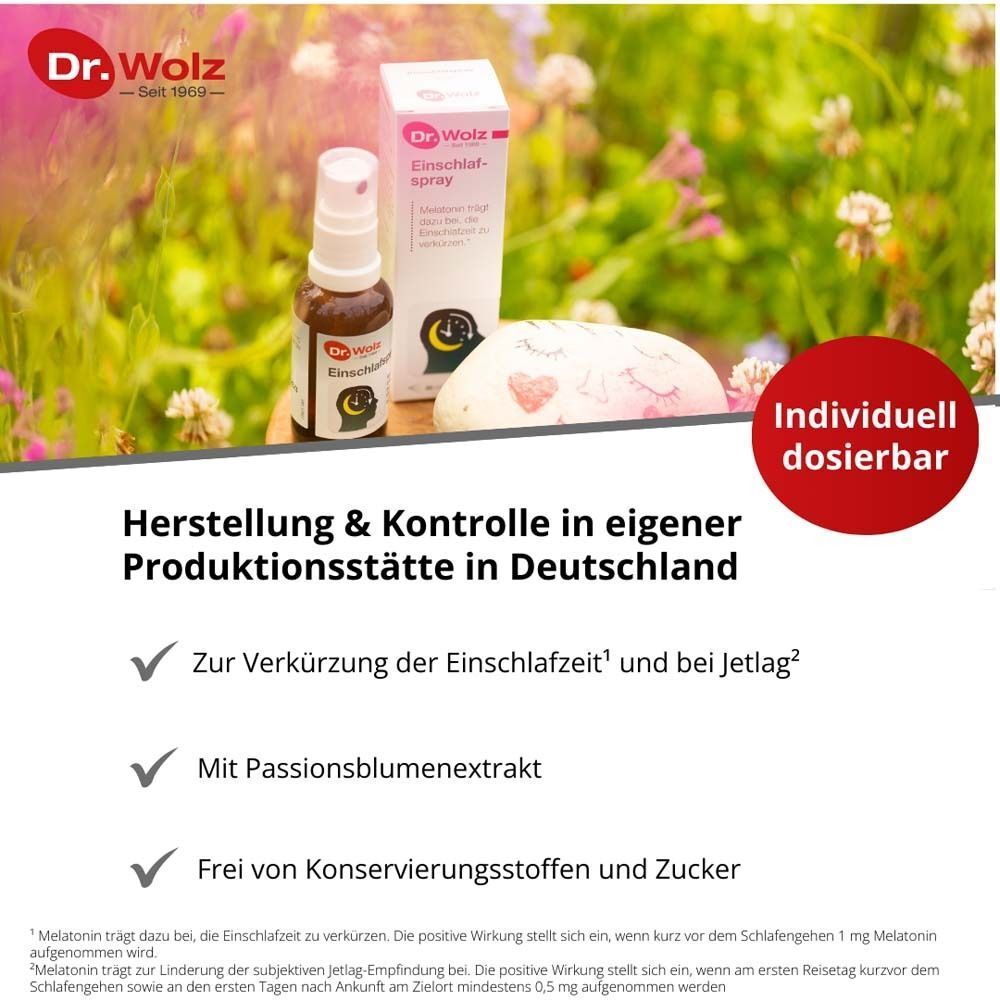 Einschlafspray Dr. Wolz, optimale Kombination mit Melatonin und Passionsblumenextrakt, ohne Konservierungsstoffe und Zucker, 30ml