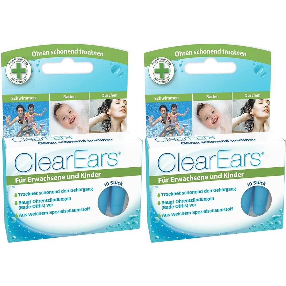 Zwei Packungen ClearEars® Ohrstöpsel. Blaue Ohrstöpsel in weiß-blauer Verpackung. Text: Für Erwachsene und Kinder, 10 Stück. Illustrationen: Schwimmen, Baden, Duschen.