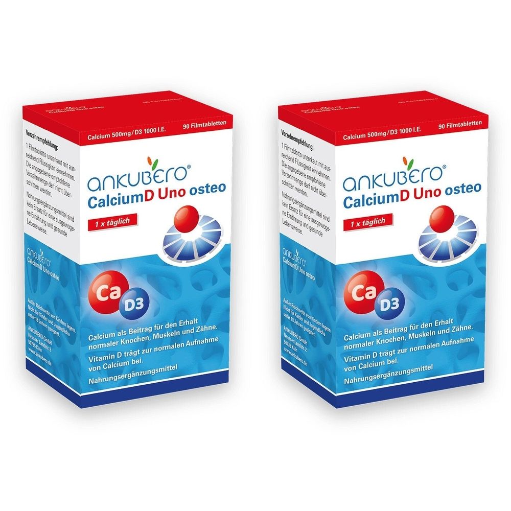 Zwei rechteckige Schachteln. Aufschrift: ANKUBERO CalciumD Uno osteo. Rote und blaue Elemente. Ca und D3 Symbole. Text in deutscher Sprache.
