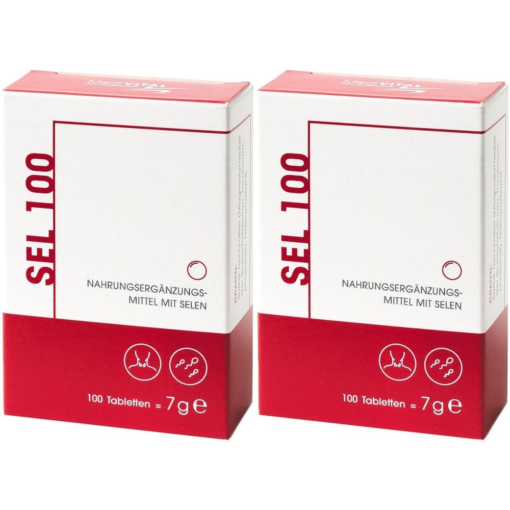 Zwei rechteckige Schachteln. Aufschrift: SEL 100, Nahrungsergänzungsmittel mit Selen. 100 Tabletten. Rote und weiße Farbgebung.