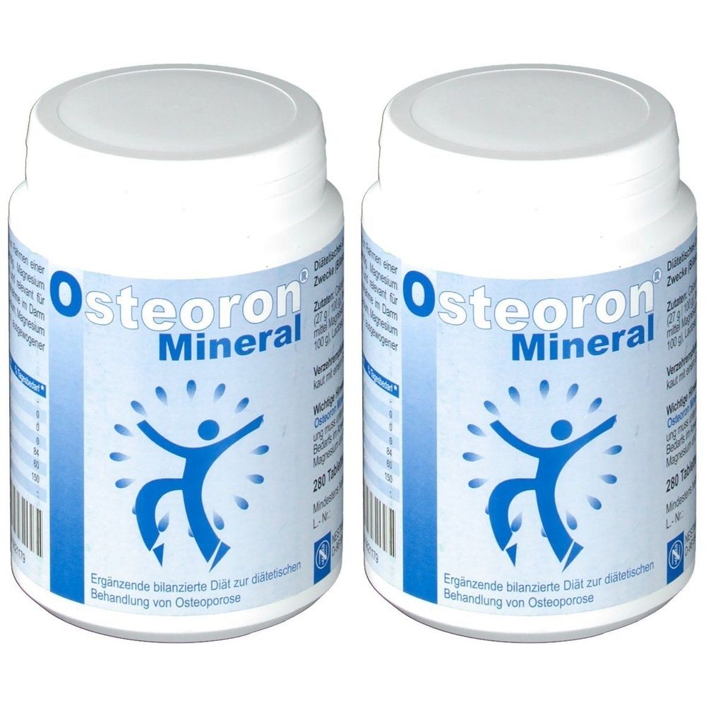 Zwei weiße Flaschen mit blauem Etikett. Aufschrift: Osteoron Mineral. Abbildung einer Person. Ergänzende bilanzierte Diät zur Behandlung von Osteoporose.