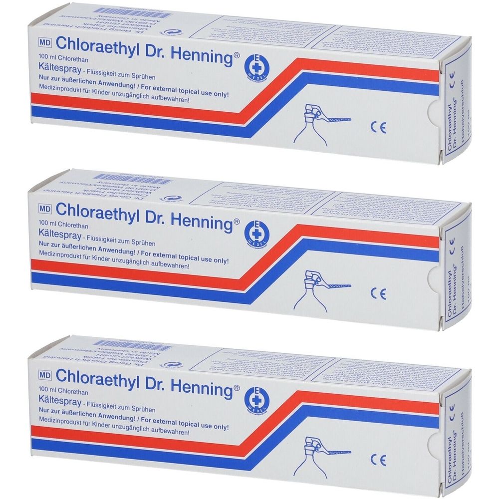 Drei Schachteln Chloraethyl Dr. Henning®. Weiße Verpackung mit roter und blauer Linie. Aufschrift und CE-Zeichen.