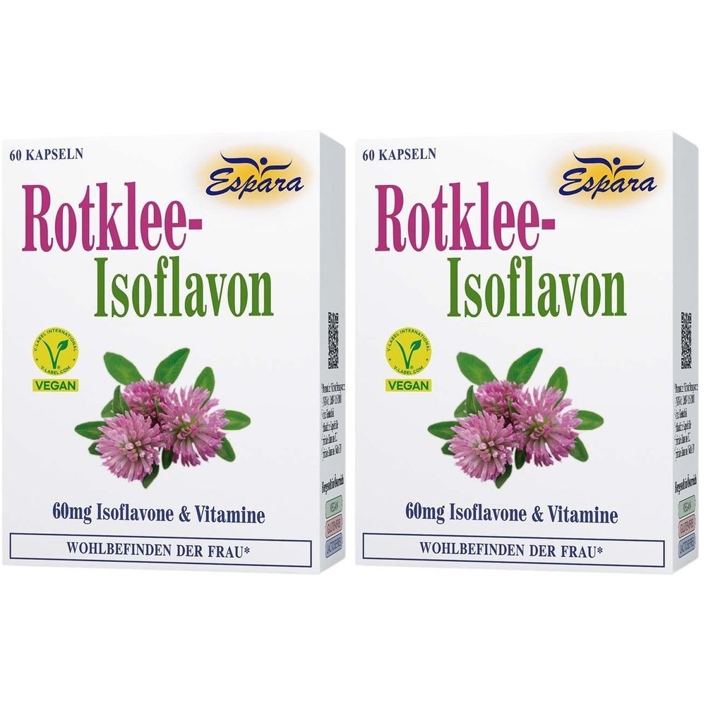 Zwei Schachteln mit "Rotklee-Isoflavon". Aufschrift: 60 Kapseln, 60mg Isoflavone & Vitamine, Vegan-Siegel. Abbildung von Klee.