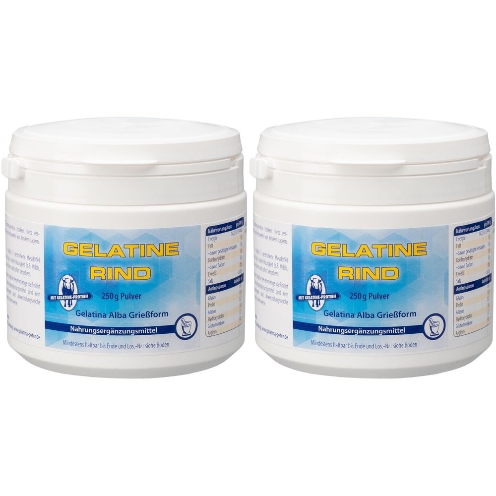 Zwei weiße Dosen mit blau-gelben Etiketten. Aufschrift: Gelatine Rind, 250g Pulver, Nahrungsergänzungsmittel.