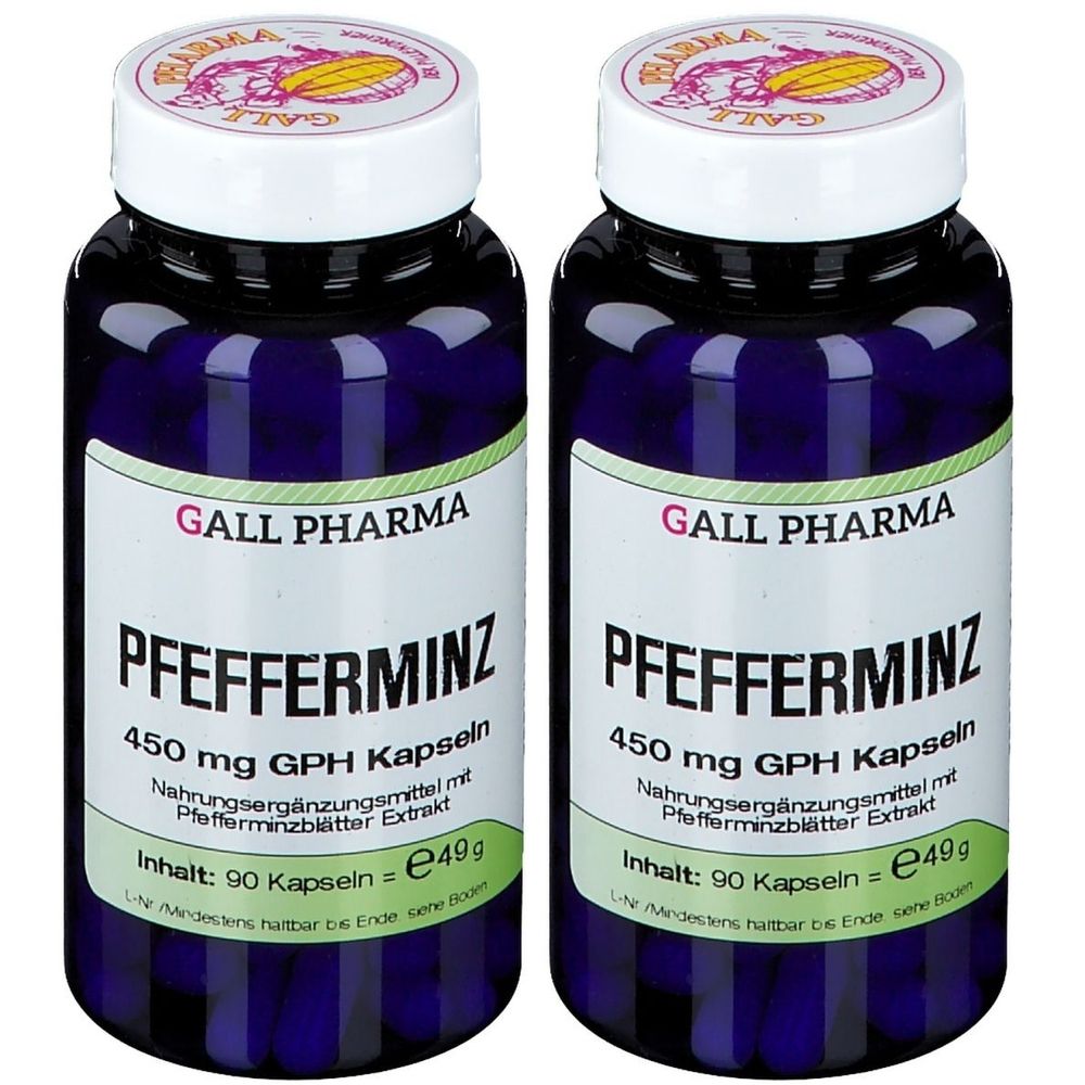 Zwei Flaschen mit blauen Kapseln. Aufschrift: GALL PHARMA Pfefferminz 450 mg GPH Kapseln. Enthält 90 Kapseln. Weiße Deckel mit Logo.