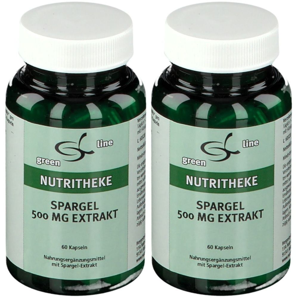 Zwei grüne Flaschen mit weißen Deckeln. Aufschrift: green line NUTRITHEKE SPARGEL 500 mg Extrakt. 60 Kapseln. Nahrungsergänzungsmittel.