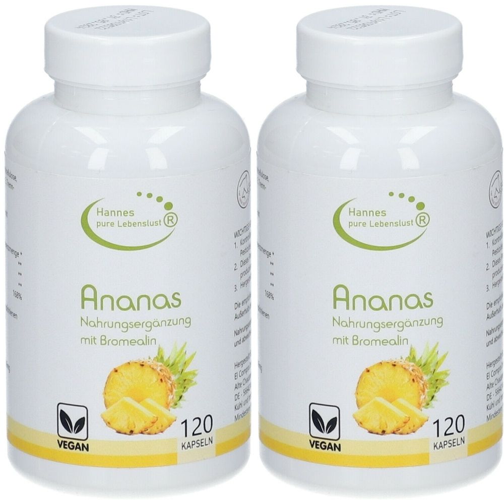 Zwei weiße Flaschen mit Etiketten. Aufschrift: Hannes pure Lebenslust® Ananas Nahrungsergänzung mit Bromelain. 120 Kapseln. Vegan.
