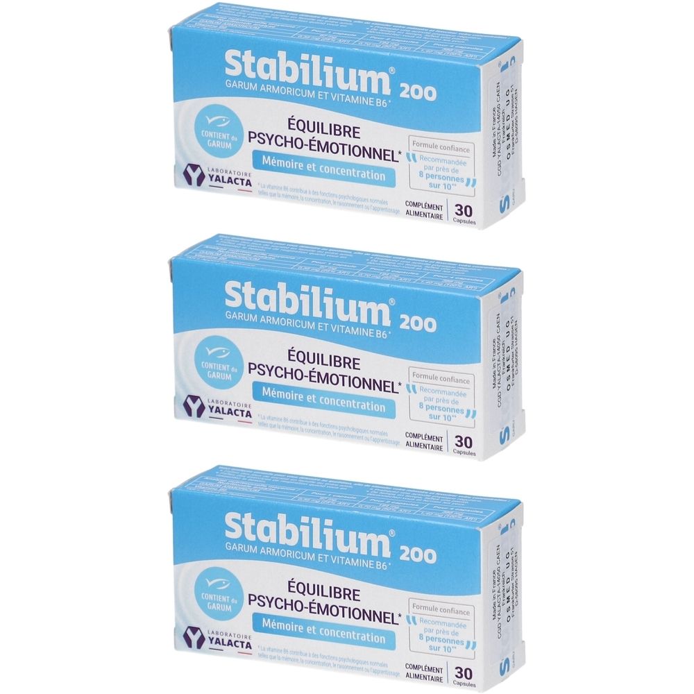 Drei Schachteln Stabilium 200. Blaue Verpackung mit weißer Schrift. Enthält 30 Tabletten. Marke YALACTA.