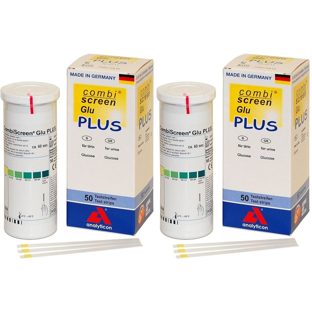 Mehrere Packungen und Behälter von Combiscreen Glu PLUS. Aufdrucke: Glucose, Teststreifen, CE-Zeichen. Enthält Teststreifen.