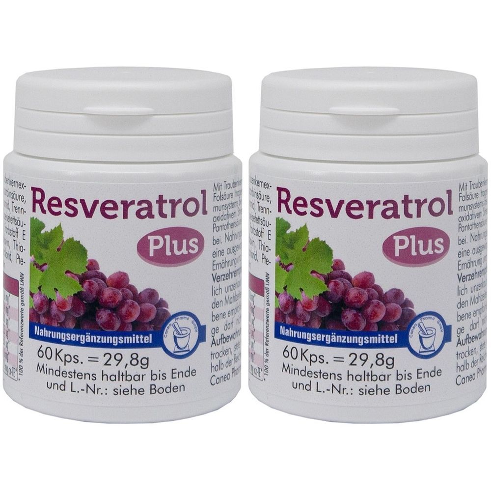 Zwei weiße Behälter mit Deckel. Aufschrift: Resveratrol Plus. Abbildung von Trauben. Text: Nahrungsergänzungsmittel, 60 Kps. = 29,8g.