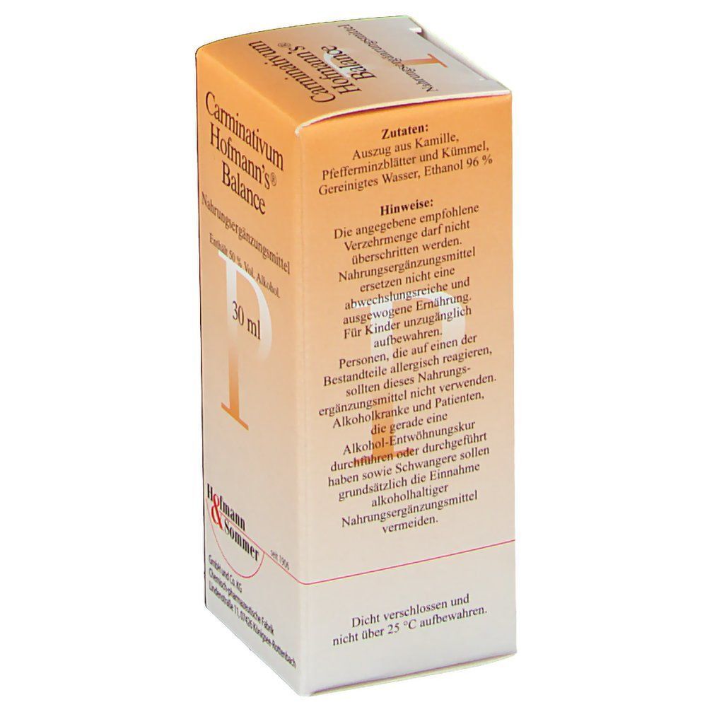 Eine Faltschachtel Carminativum Hofmann's Balance, 30 ml, von der Seite. Zeigt Inhaltsstoffe und Anwendungshinweise.