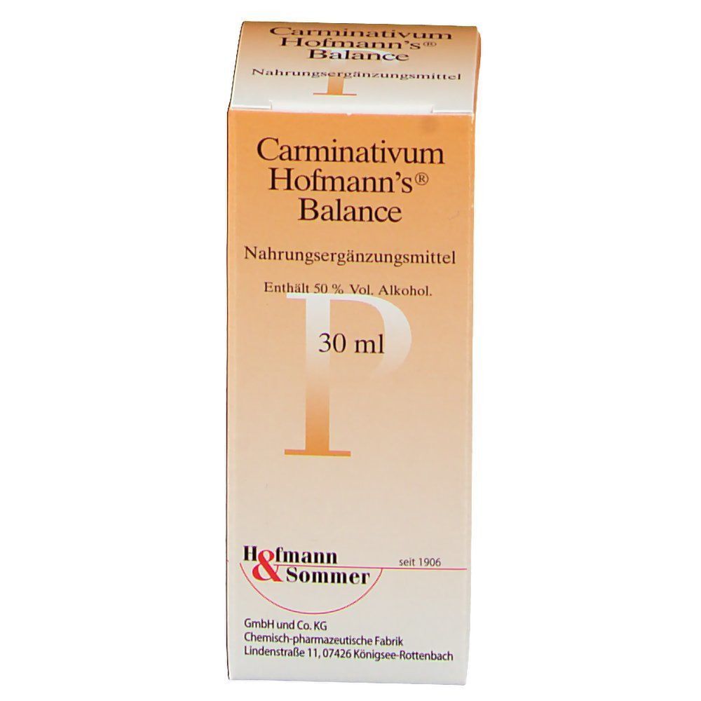 Eine Faltschachtel Carminativum Hofmann's Balance, 30 ml. Orangefarbene Verpackung mit Produktinformationen und Markenschriftzug.