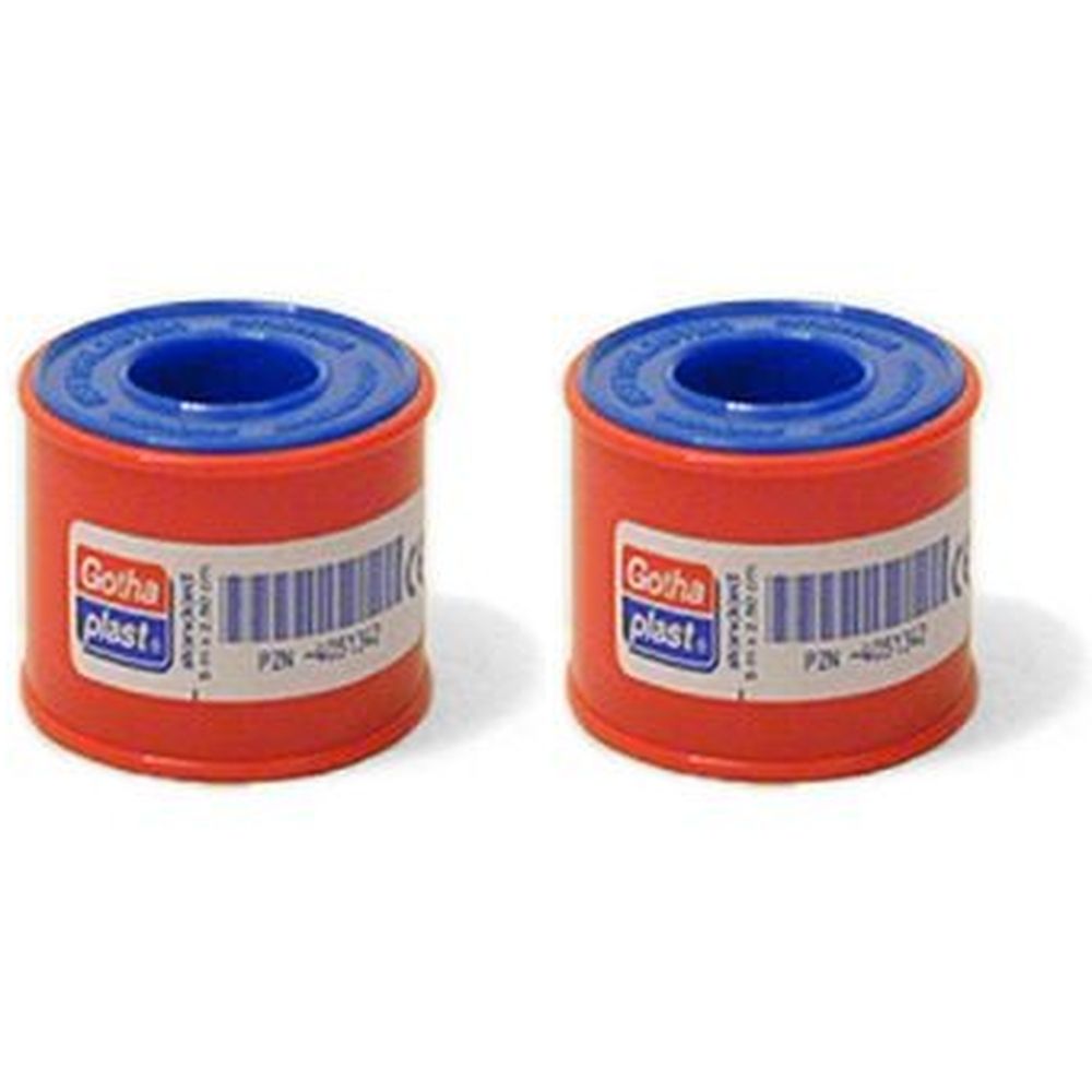 Zwei rote Rollen GothaPlast Heftpflaster mit blauem Deckel. Aufkleber mit Barcode und Produktnamen.