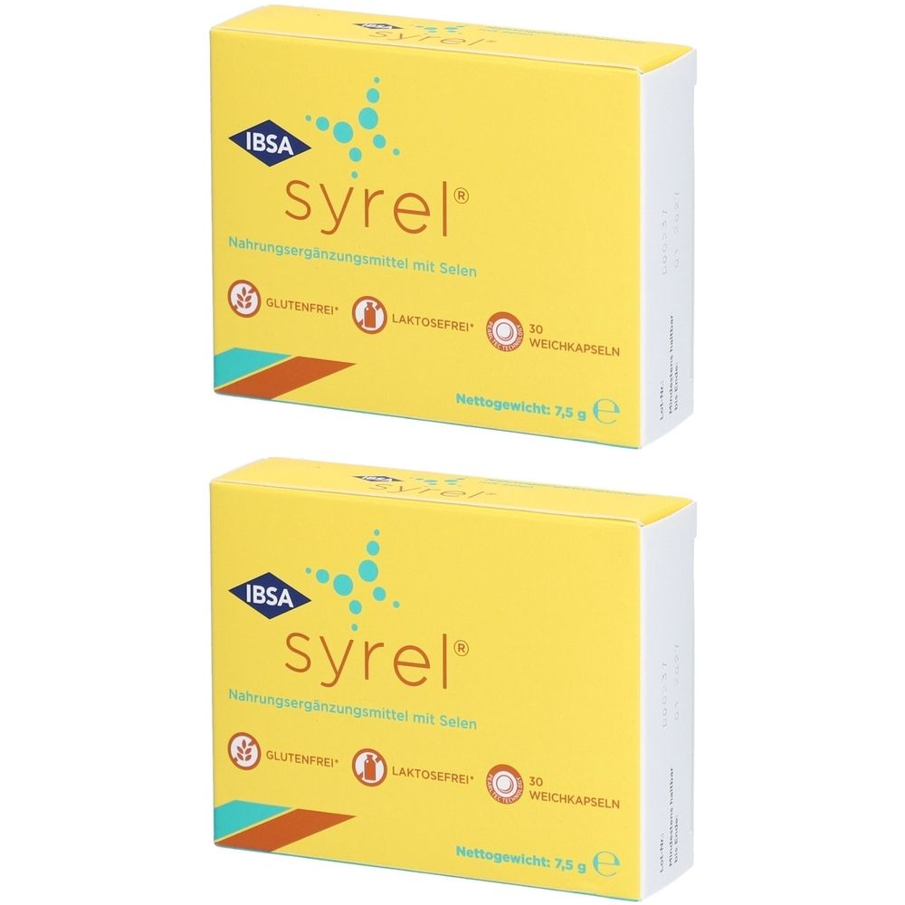 Zwei gelbe Schachteln mit der Aufschrift "syrel". Auf der Verpackung sind Logos für glutenfrei und laktosefrei abgebildet. 30 Weichkapseln.
