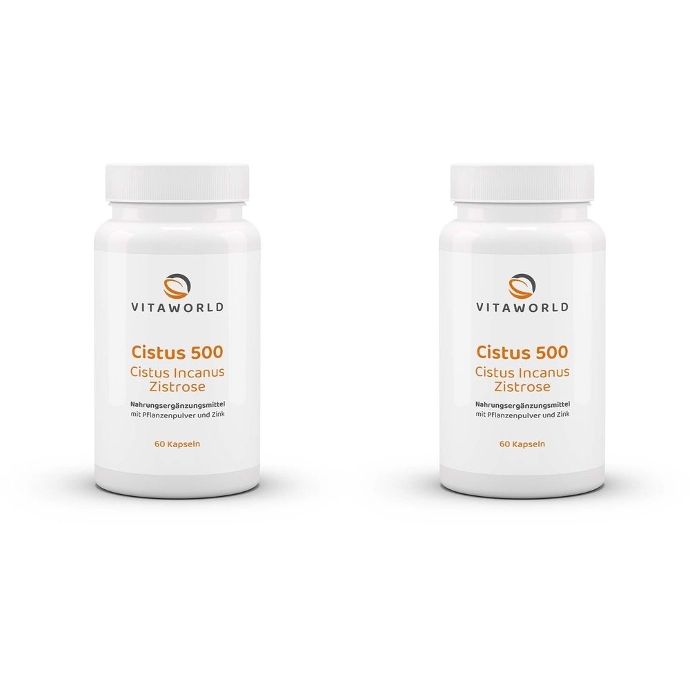 Zwei weiße Flaschen mit Schraubverschluss. Aufschrift: VitaWorld, Cistus 500, Cistus Incanus Zistrose. 60 Kapseln.