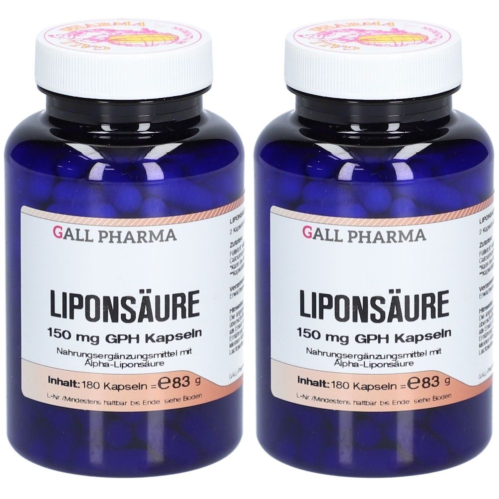 Zwei blaue Flaschen mit weißen Deckeln. Auf den Etiketten steht "GALL PHARMA Liponsäure 150 mg". Inhalt: 180 Kapseln.
