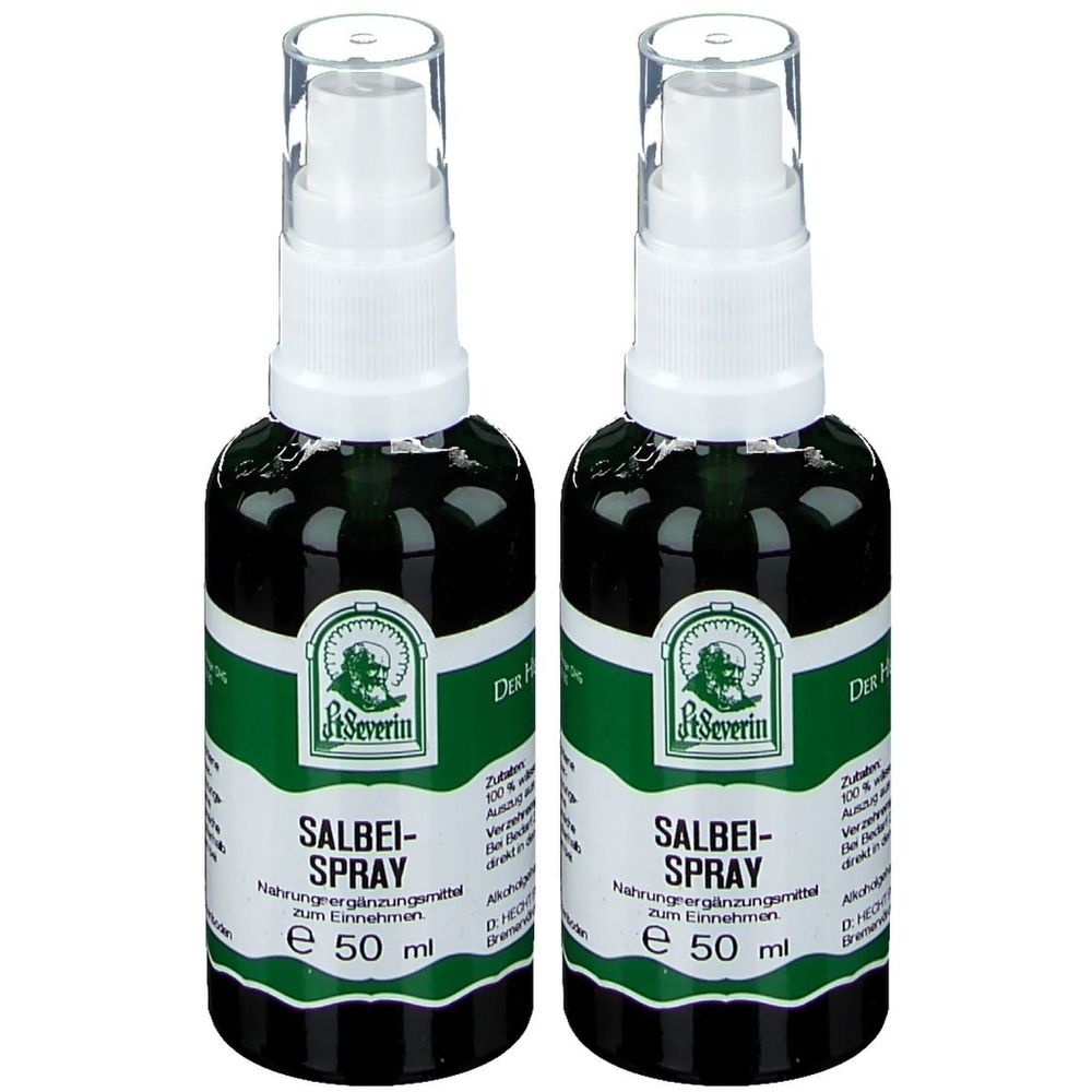 Zwei Flaschen St. Severin Salbeispray. Grüne Flüssigkeit in Glasflaschen mit weißen Sprühköpfen. Etiketten mit Produktnamen und Logo.
