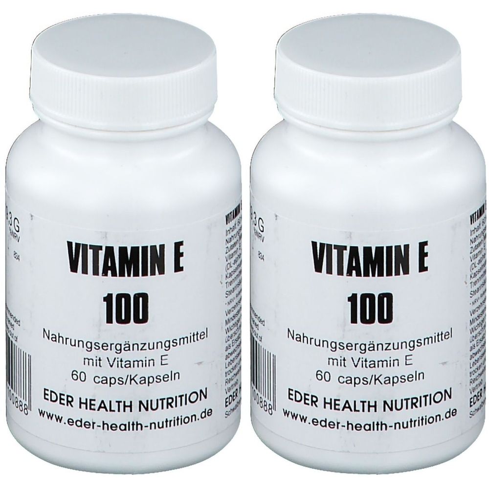 Zwei weiße Flaschen mit Schraubverschluss. Aufschrift: Vitamin E 100, Nahrungsergänzungsmittel, 60 Kapseln. Marke: EDER HEALTH NUTRITION.