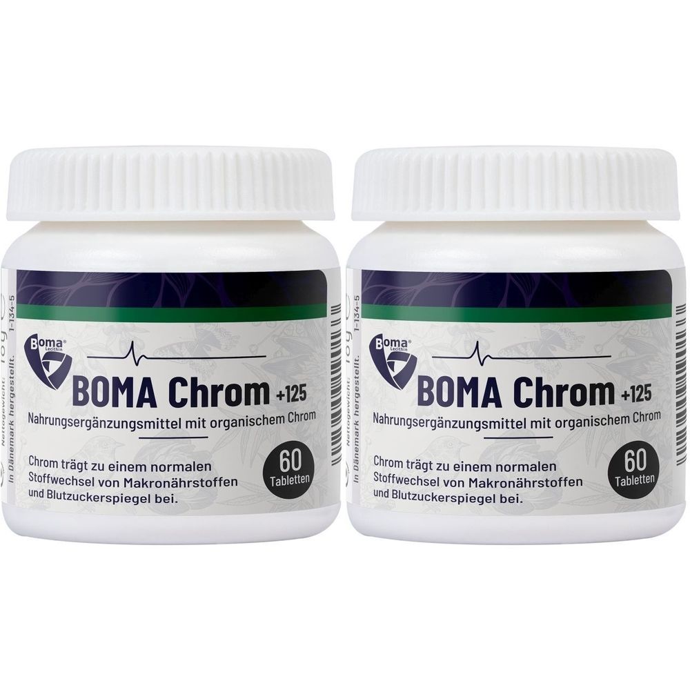 Zwei weiße Flaschen mit Schraubverschluss. Auf jeder Flasche steht "BOMA Chrom +125" und "60 Tabletten".