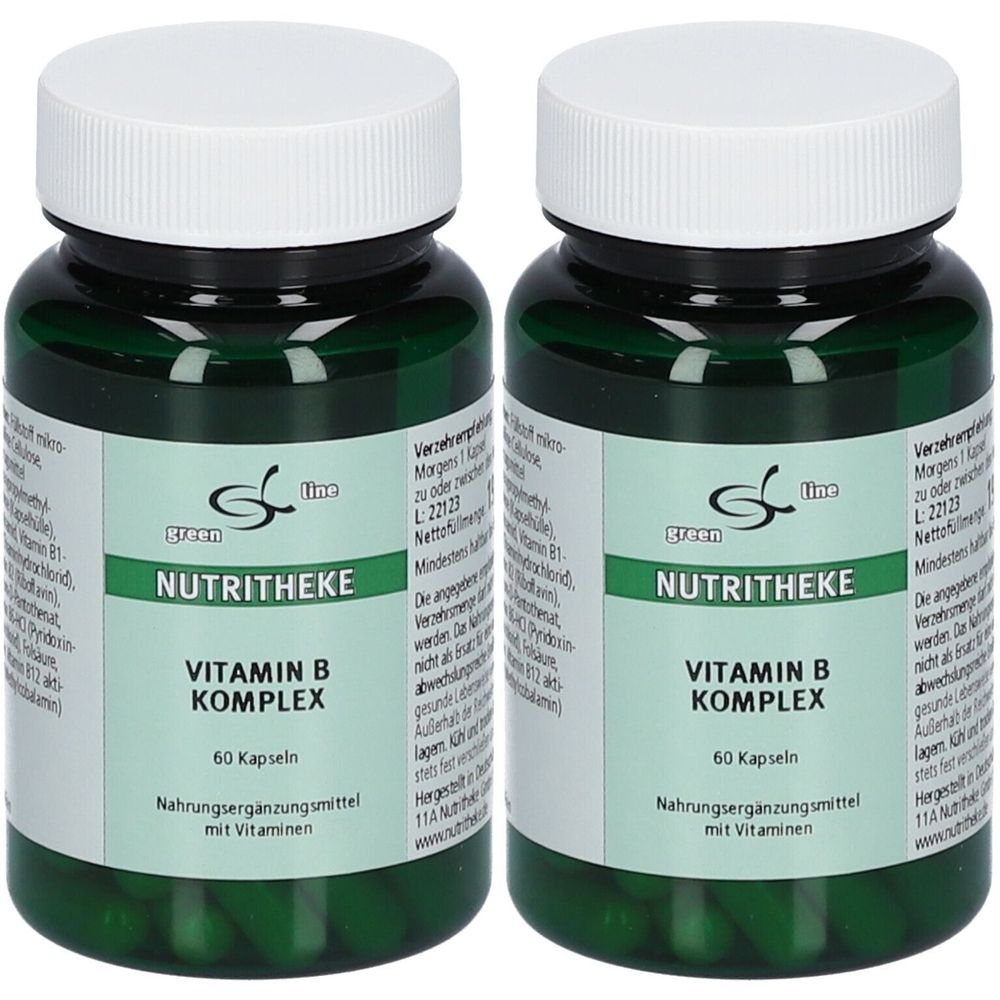 Zwei grüne Flaschen mit weißen Deckeln. Aufschrift: Green line NUTRITHEKE Vitamin B Komplex. 60 Kapseln. Nahrungsergänzungsmittel.