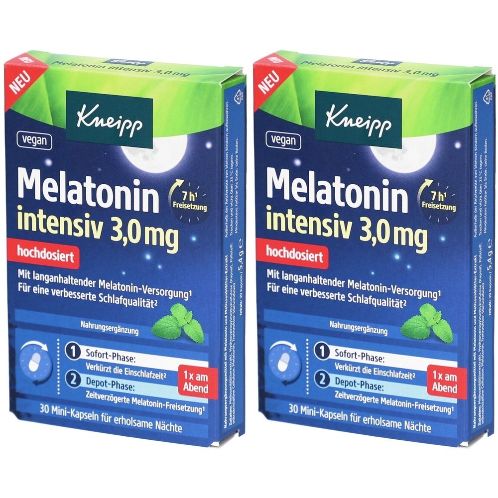 Zwei Schachteln mit Kneipp Melatonin intensiv 3,0 mg. Blaue Verpackung mit weißer Schrift und Mond-Symbol.