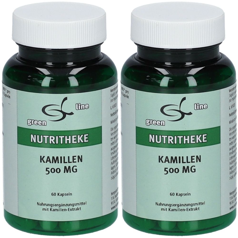 Zwei grüne Flaschen mit weißen Deckeln. Aufschrift: green line NUTRITHEKE KAMILLEN 500 MG. 60 Kapseln. Nahrungsergänzungsmittel.