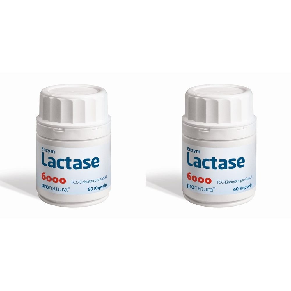 Zwei weiße Flaschen mit Enzym Lactase. Aufschrift: Lactase 6000, Pronatura, 60 Kapseln.
