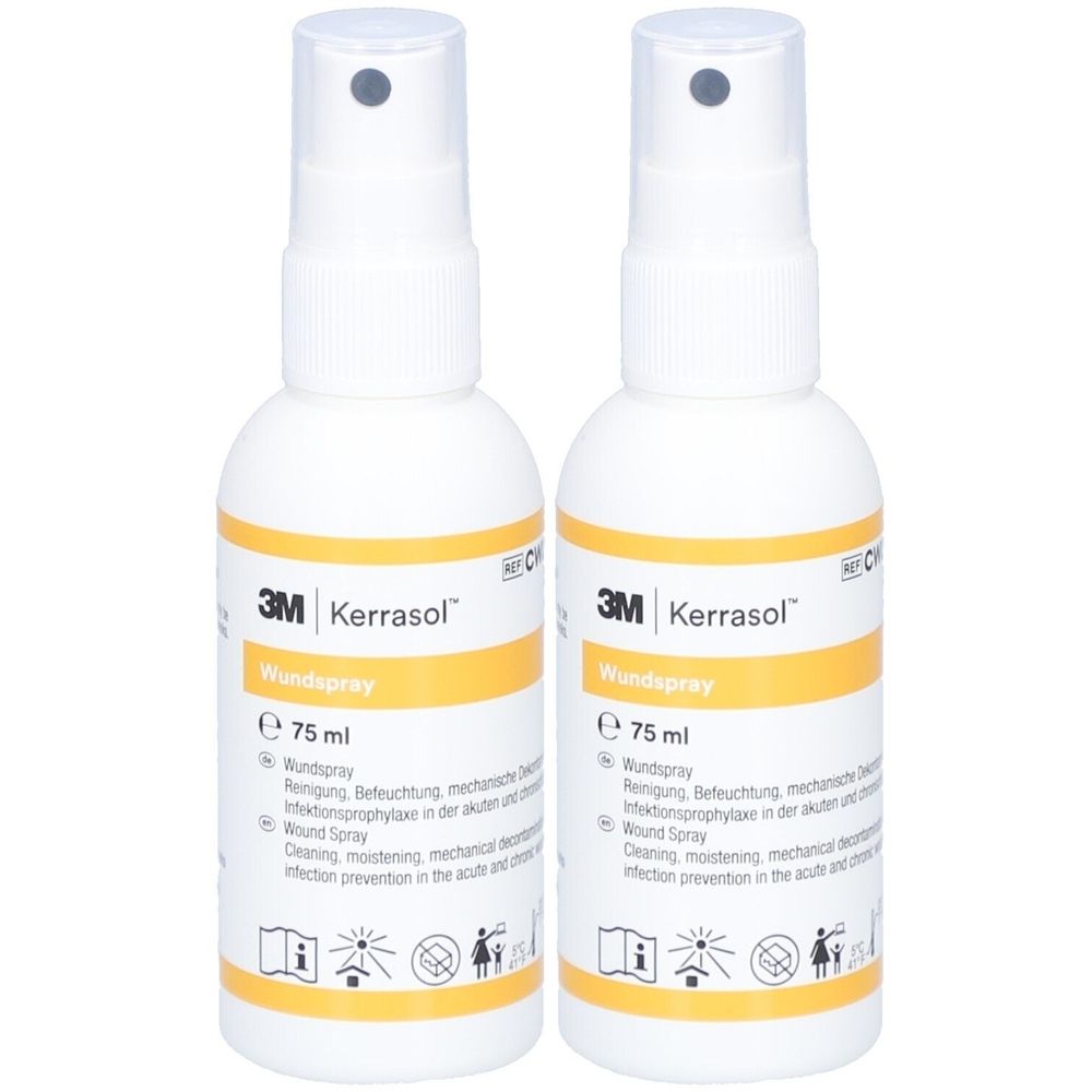Zwei weiße Sprühflaschen mit gelben Etiketten. Aufschrift: 3M KerraSol Wundspray, 75 ml. Mit Sprühkopf.