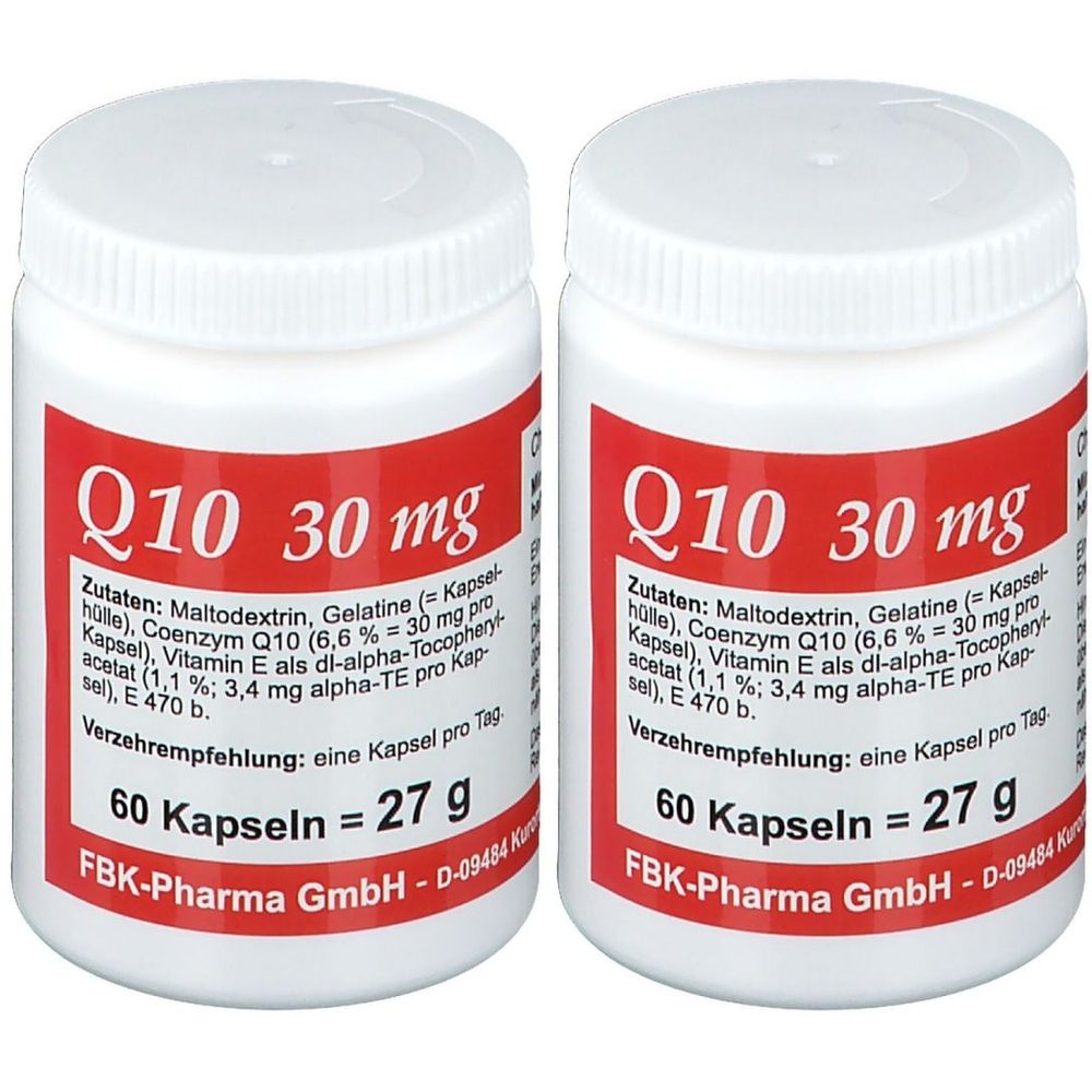 Zwei weiße Flaschen mit rotem Etikett. Aufschrift: Q10 30 mg, 60 Kapseln, 27 g. Zutatenliste. Hersteller: FBK-Pharma GmbH.