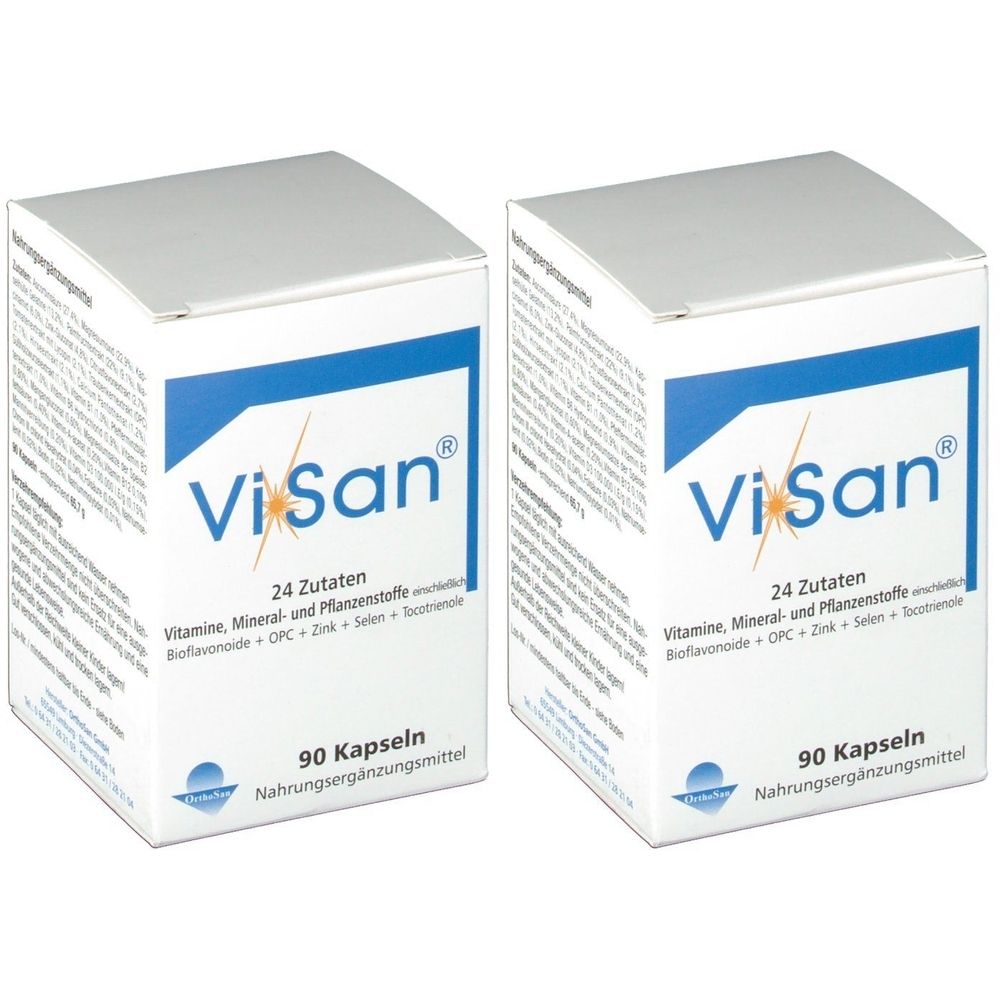Zwei weiße Kartons mit blauer Schrift. Aufschrift: Vi San, 24 Zutaten, 90 Kapseln. Nahrungsergänzungsmittel. Enthält Vitamine, Mineralien und Pflanzenstoffe.