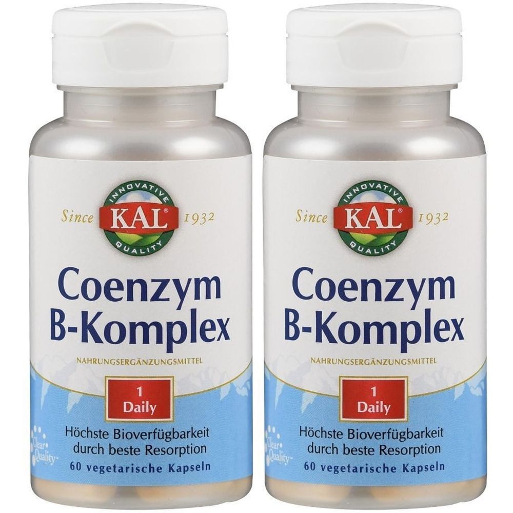 Zwei Flaschen KAL Coenzym B-Komplex. Weiße Kappen, silberne Flaschen. Aufschrift: Coenzym B-Komplex, 1 Daily, 60 vegetarische Kapseln.