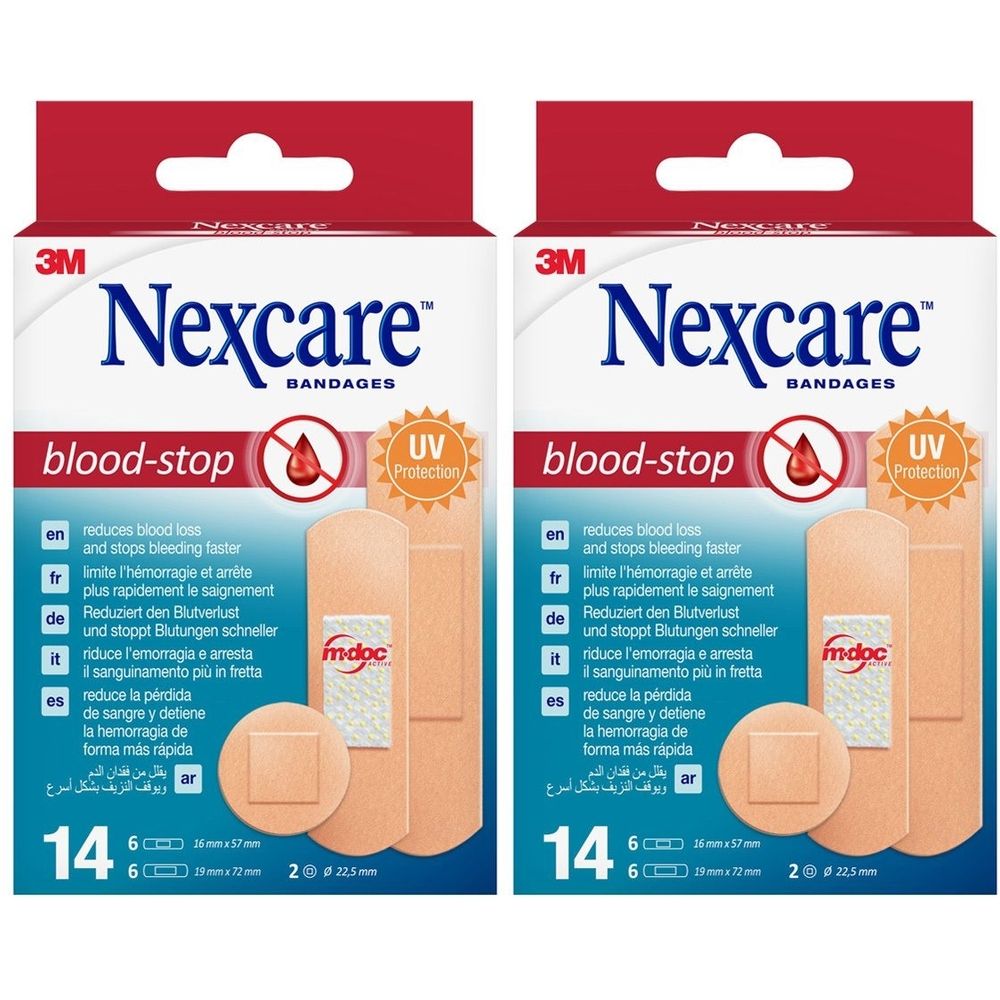 Zwei Packungen Nexcare Bandagen. Jede Packung enthält 14 Pflaster, darunter runde und rechteckige Formen. Mit UV-Schutz.