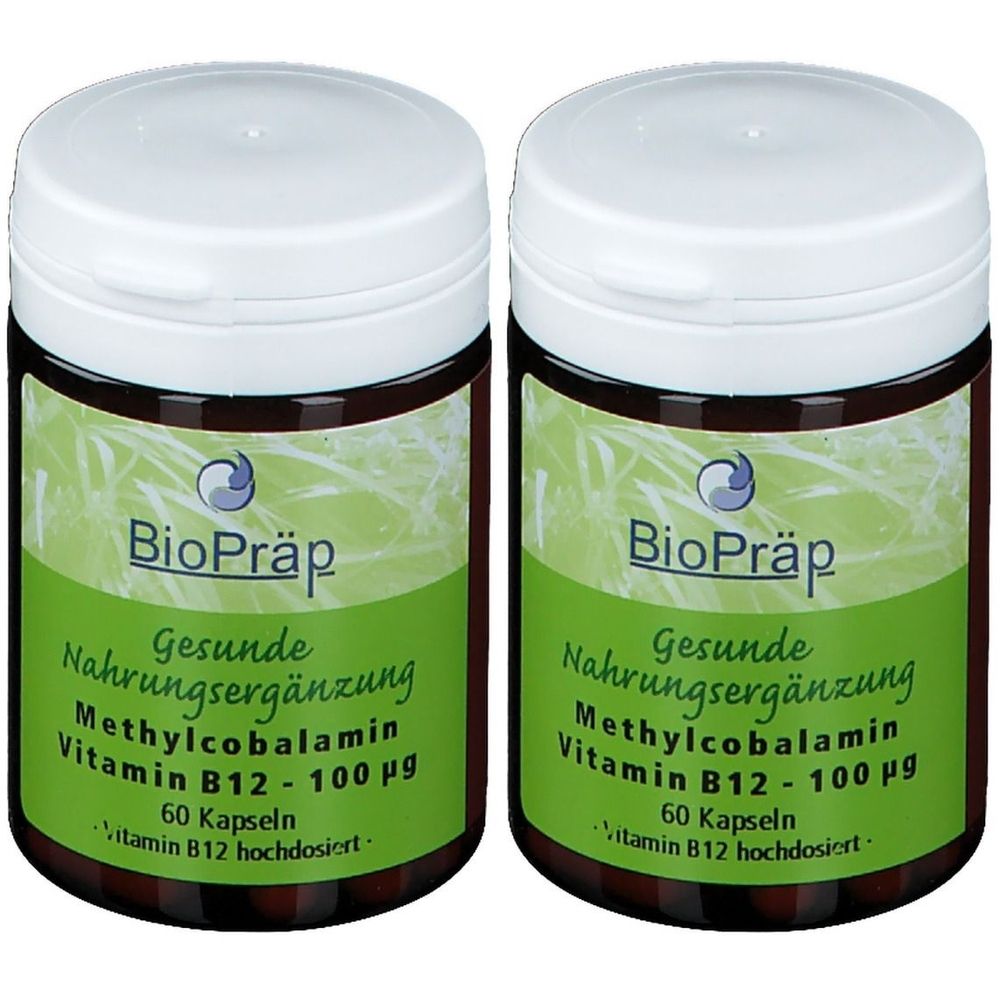 Zwei braune Dosen mit weißem Deckel. Aufschrift: BioPräp, Nahrungsergänzung, Methylcobalamin Vitamin B12 100 µg, 60 Kapseln.