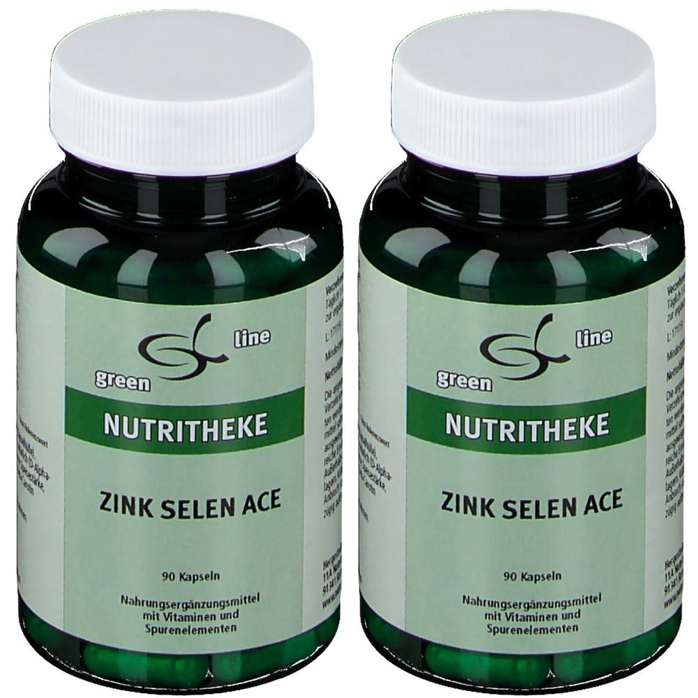 Zwei grüne Flaschen mit weißen Deckeln. Aufschrift: green line NUTRITHEKE Zink Selen ACE. 90 Kapseln. Nahrungsergänzungsmittel.