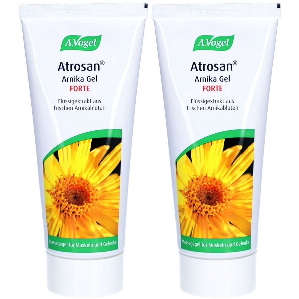 Zwei Tuben mit weißem Hintergrund. Aufdruck: A. Vogel, Atrosan Arnika Gel Forte, Blütenabbildung. Text: Flüssigextrakt aus frischen Arnikablüten.