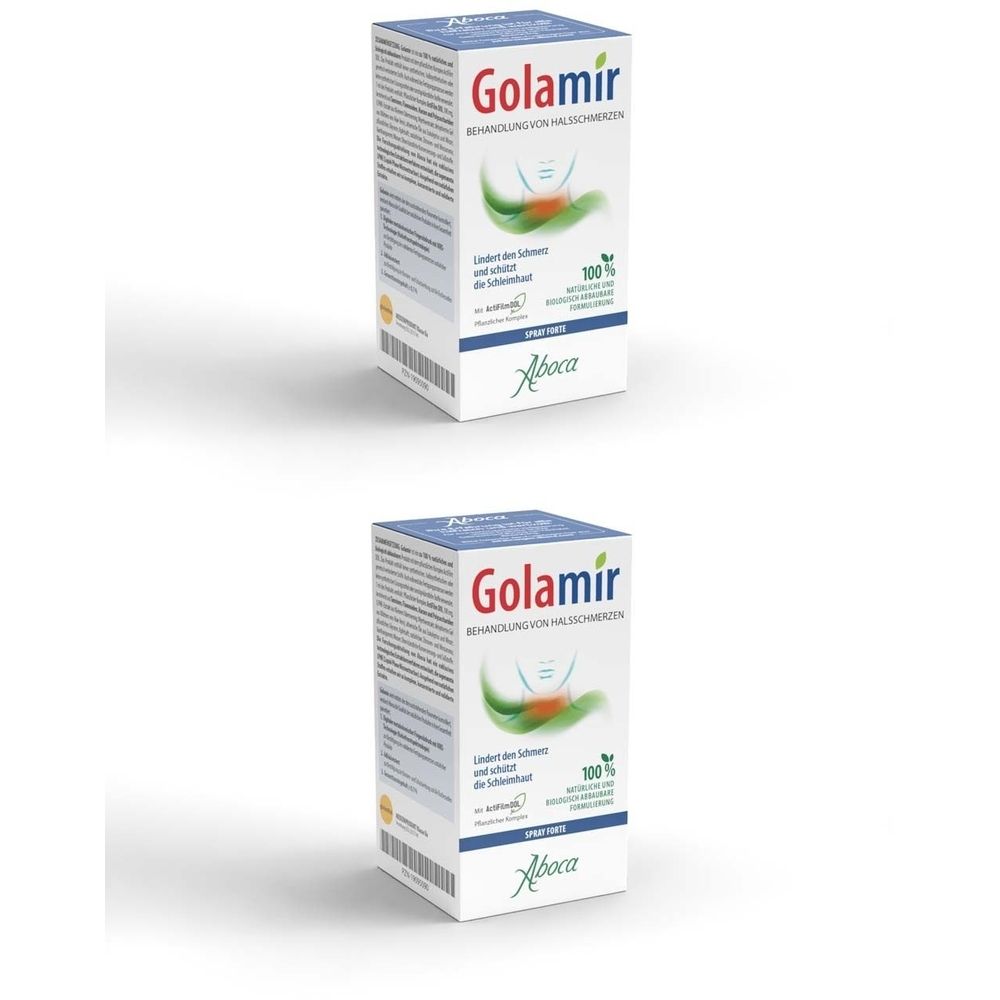 Zwei weiße Kartons mit der Aufschrift "Golamir". Aufdrucke: grüne Blätter, Text und Logo "Aboca".