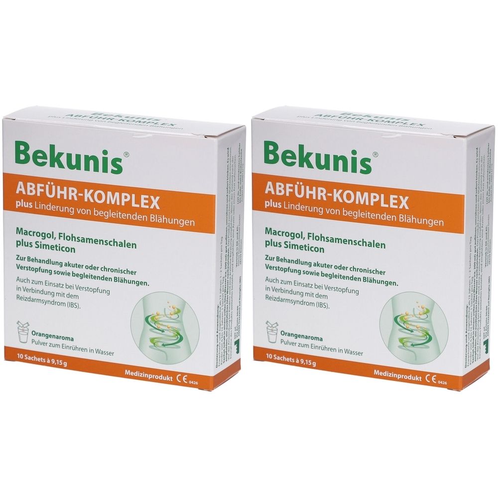 Zwei weiße Kartons mit grüner und orangefarbener Beschriftung. Aufschrift: Bekunis ABFÜHR-KOMPLEX plus Linderung von Blähungen. Medizinprodukt.