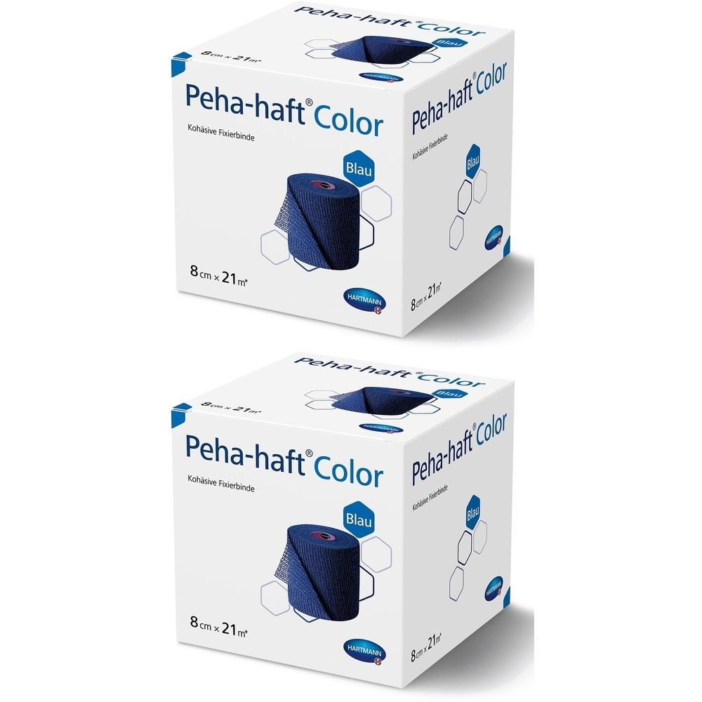 Zwei Kartons mit blauem Verband. Aufschrift: Peha-haft Color, 8 cm x 21 m. Blaue Fixierbinde.