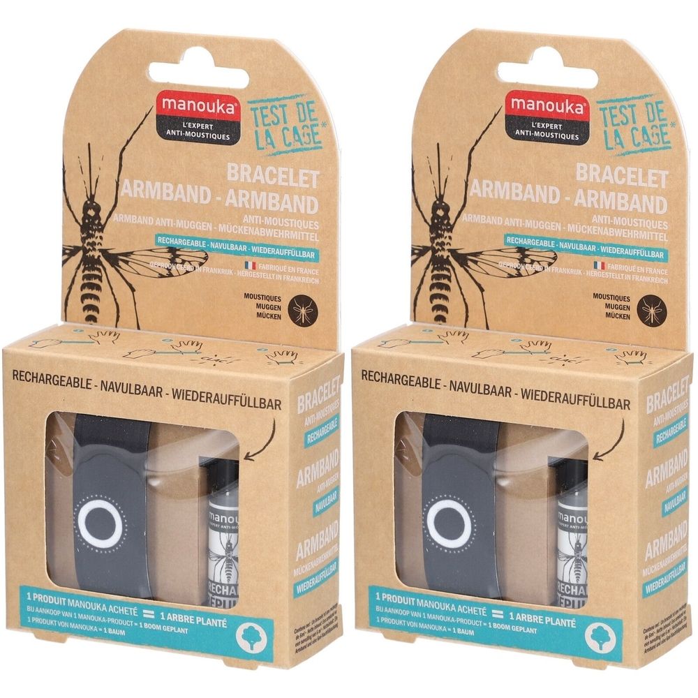 Zwei Packungen mit Insektenschutz-Armbändern. Jede Packung enthält ein schwarzes Armband und eine Nachfüllflasche. Aufdruck: Manouka.
