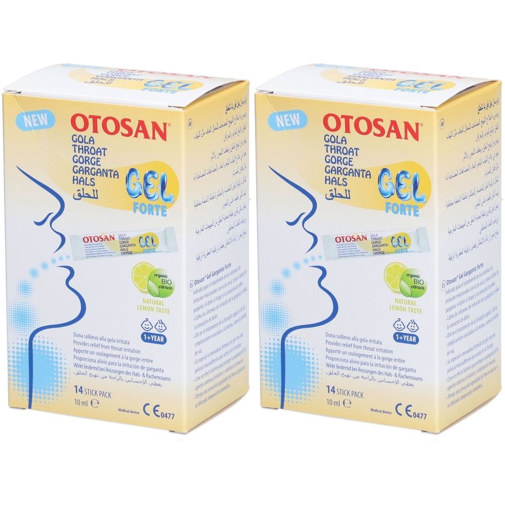 Zwei Kartons mit Produktaufdrucken. Aufschrift: OTOSAN, Gola, Throat, Gel Forte. Enthält 14 Sticks. Mit Zertifizierung.