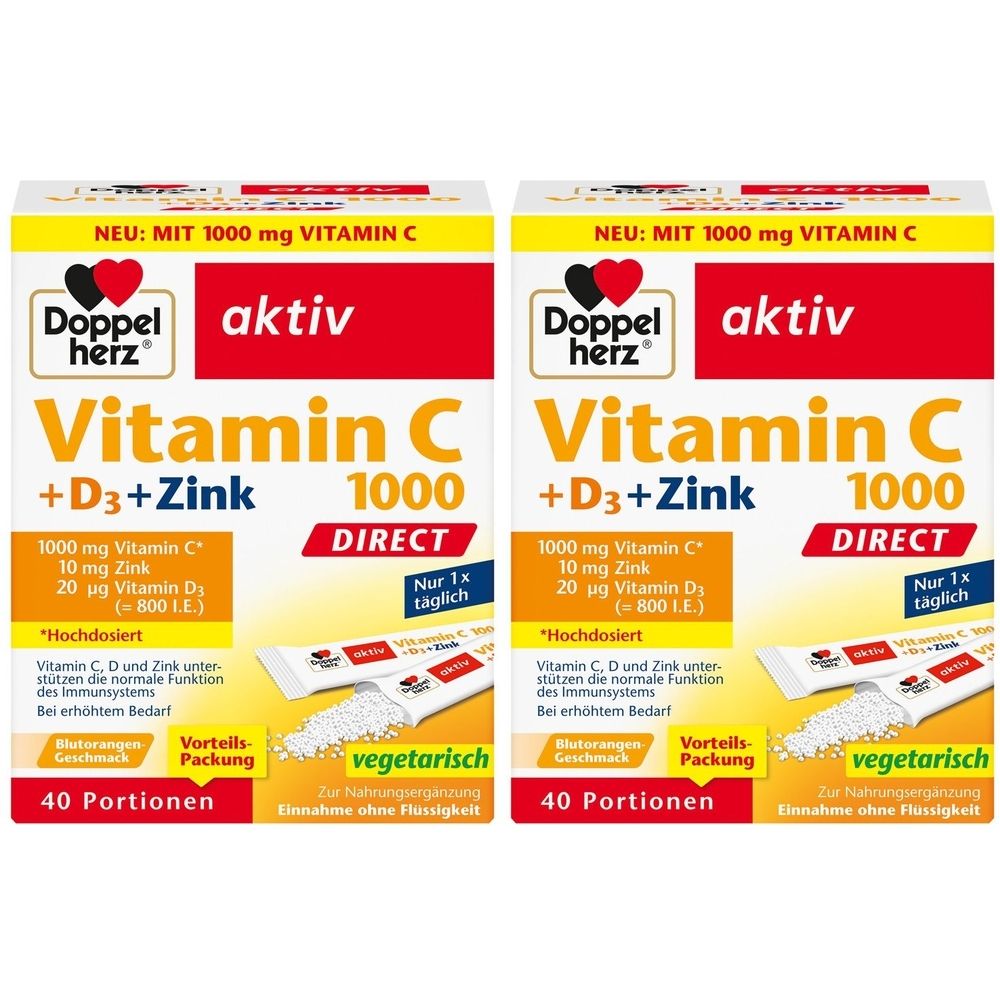Zwei Packungen Doppelherz aktiv Vitamin C + D3 + Zink. Gelb-weiß-rote Verpackung. Enthält 40 Portionen. Direkt-Formel.