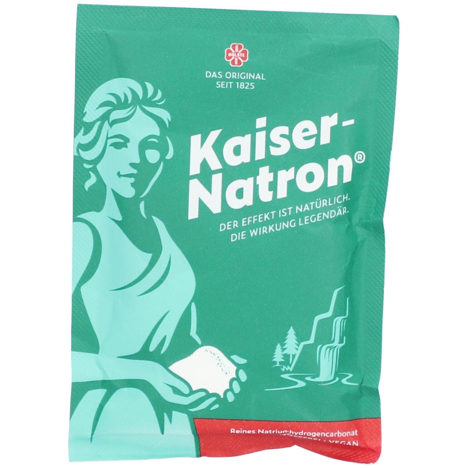 Grüne Verpackung mit Kaiser-Natron Logo. Abbildung einer Frau und Wasserfall. Text: Der Effekt ist natürlich, die Wirkung legendär.