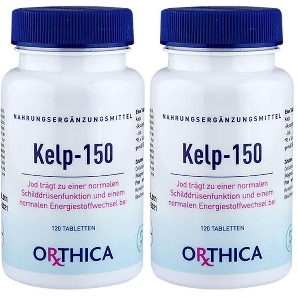Zwei weiße Flaschen mit blauem Deckel. Aufschrift Kelp-150, 120 Tabletten. Marke Orthica. Text: Jod trägt zu einer normalen Schilddrüsenfunktion bei.