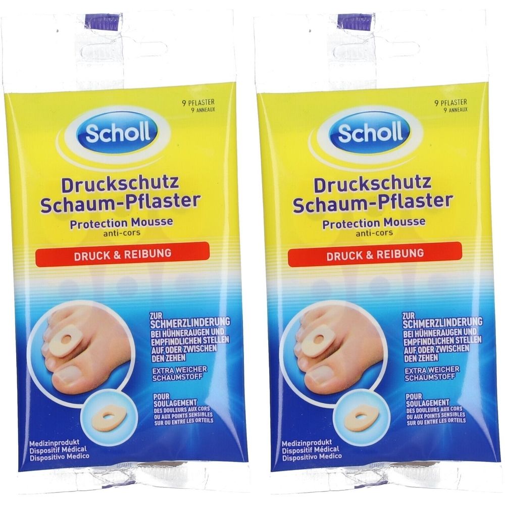 Zwei Packungen Scholl Druckschutz Schaum-Pflaster. Gelbe Verpackung mit Produktnamen und Abbildung eines Fußes mit Pflaster.