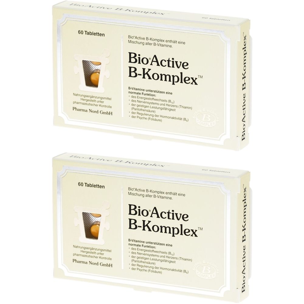 Zwei Schachteln BioActive B-Komplex. Aufschrift: 60 Tabletten. Pharma Nord GmbH. Produktname und Beschreibung auf Deutsch.