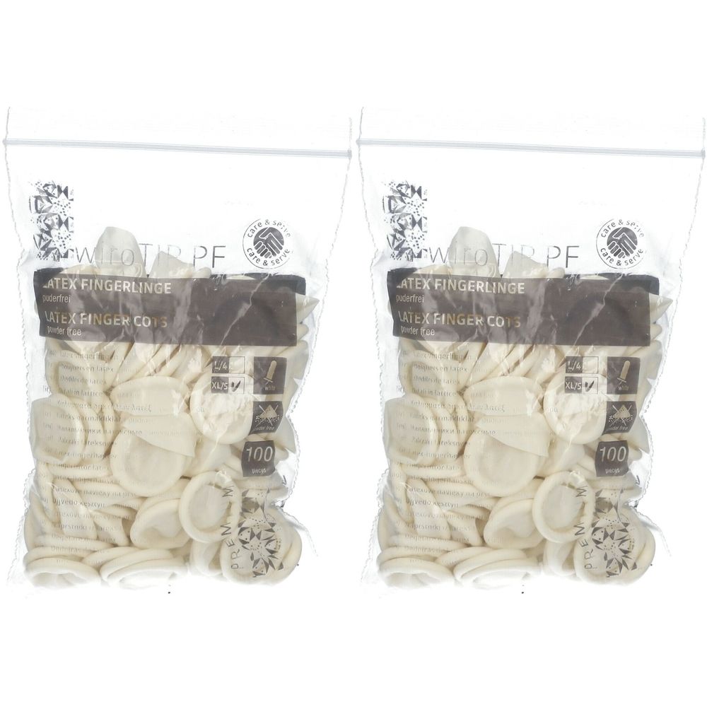Zwei Beutel mit Latex-Fingerlingen. Aufschrift: Latex Fingerlinge, Größe 5 XL. Jede Packung enthält 100 Stück.