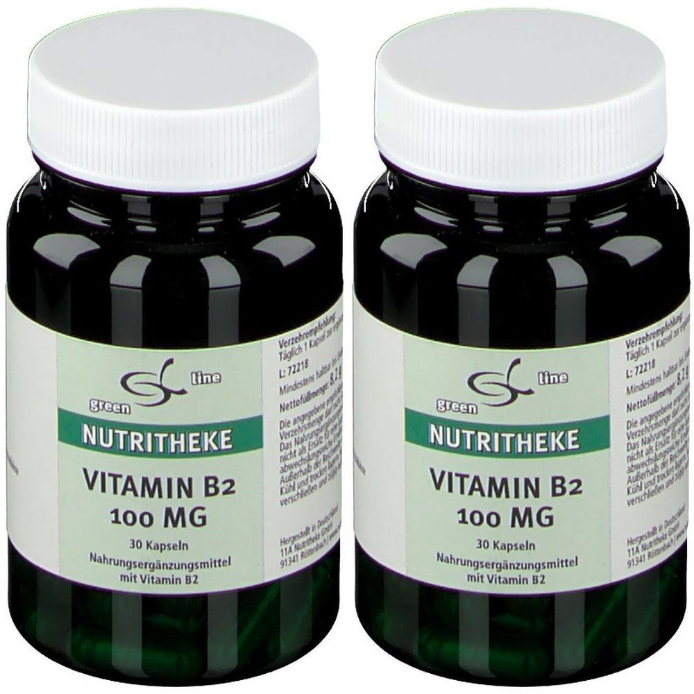 Zwei Flaschen mit weißen Deckeln. Auf den Etiketten steht "green line NUTRITHEKE Vitamin B2 100 mg".